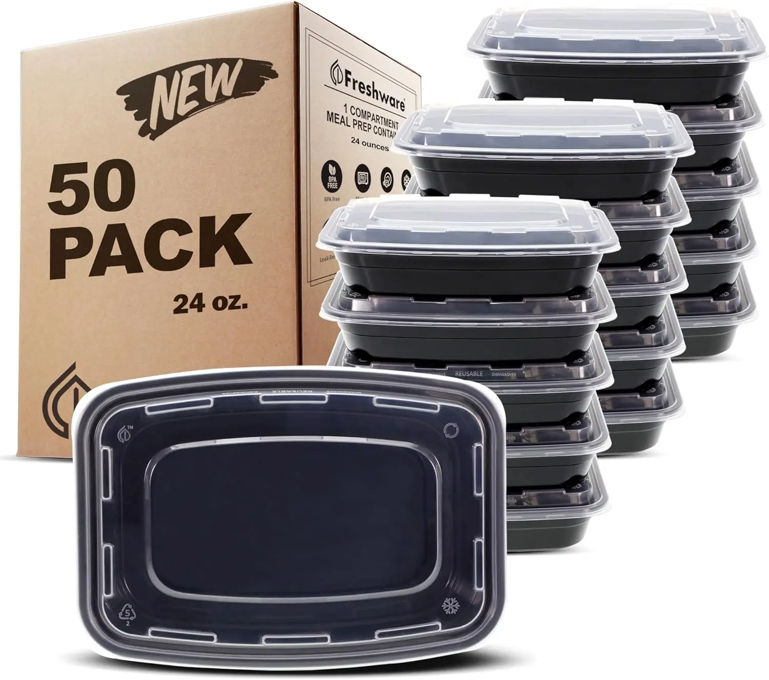 FRESHWARE 24oz Reusable Lunch Containers - 50-Pack 1-Compartment BPA-Free Plastic Food Containers, Stackable, Reheatable, Microwave/Dishwasher/Freezer-Safe, Portion-Controlled, Food-Safe, Re-Sealable Kitchen Preserving Solutions