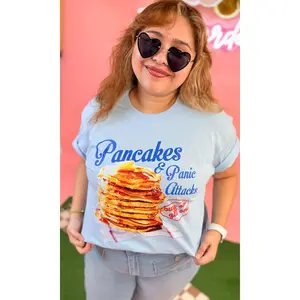 Tees2urdoor Women's Light Cotton Round Neck Short-Sleeve T-Shirt - Streetwear Graphic Clothes with "Pancakes And Panic Attacks" Print, Comfortable Fabric, Everyday Fit & Style, Pairable with Jackets
