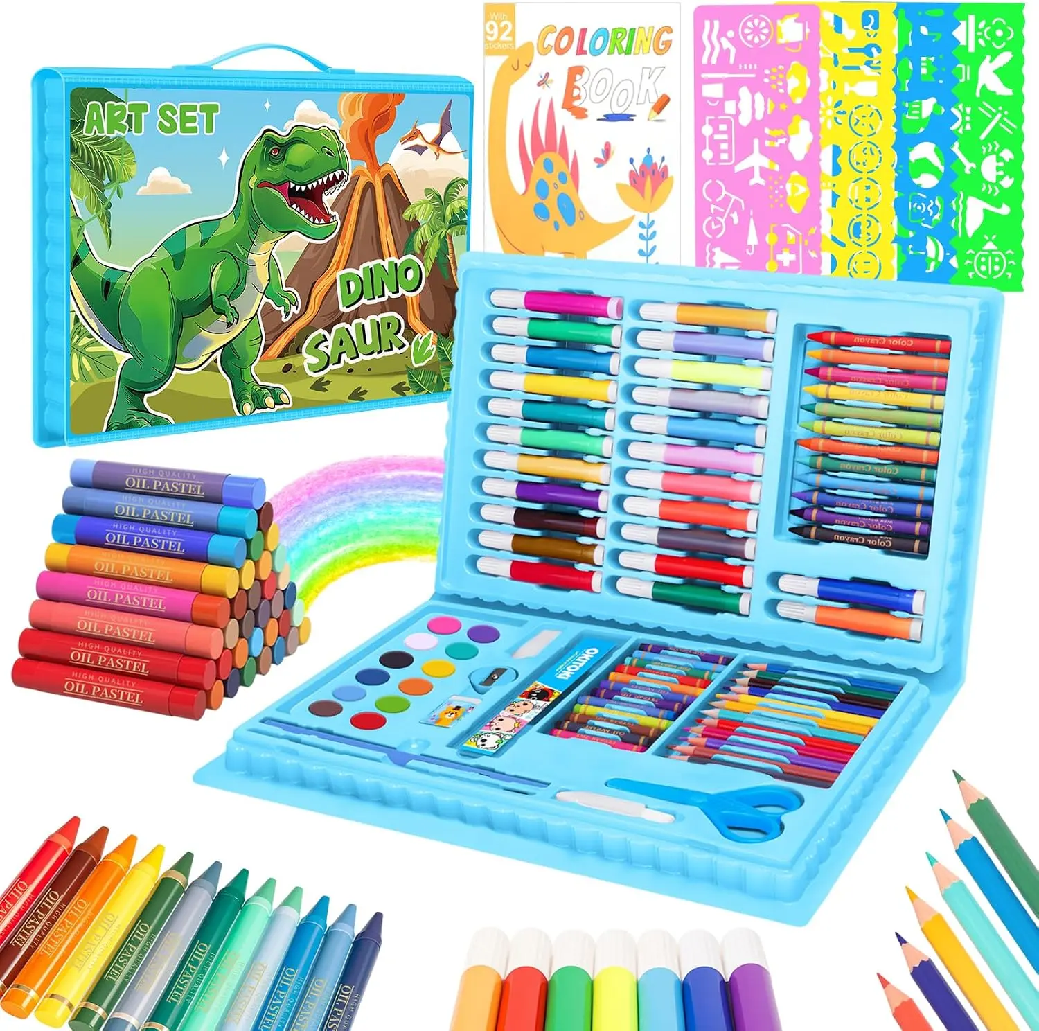 Art Supplies, Dinosaur Drawing & Coloring Set with Crayons, Colored Pencils, Markers, Sketchbook, Watercolor Cakes, Stencils, Arts and Crafts Painting Kit for Kids Ages 4-10, Girls Boys Gift