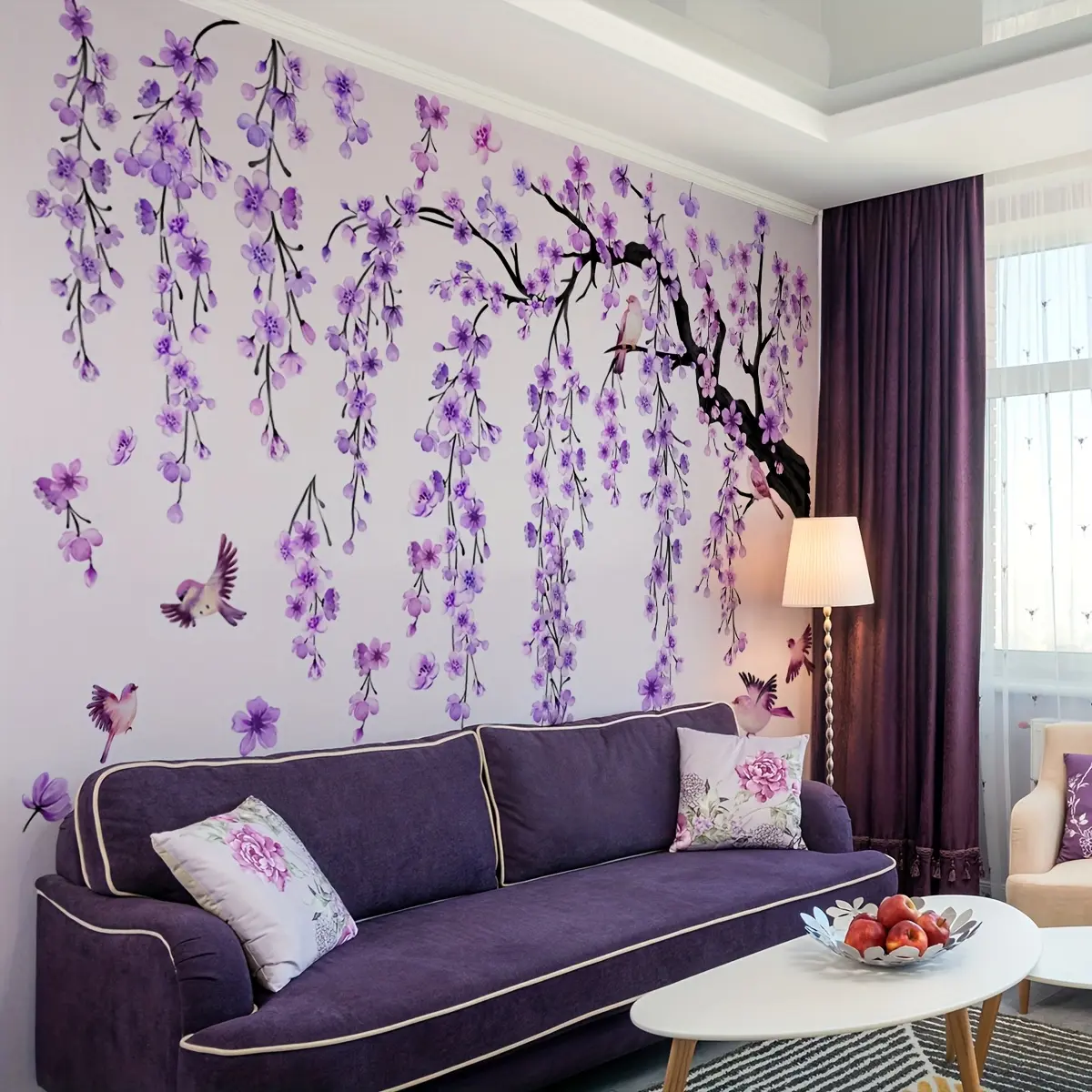 A set of twelve (20*30cm*12pcs) creative purple series flower and bird wall stickers, Floral Wall Decals, Wall Stickers Decorations, suitable for decorating the background walls of living rooms, bedrooms, and sofas, Decorative Wall Sticker (M19007-NC)
