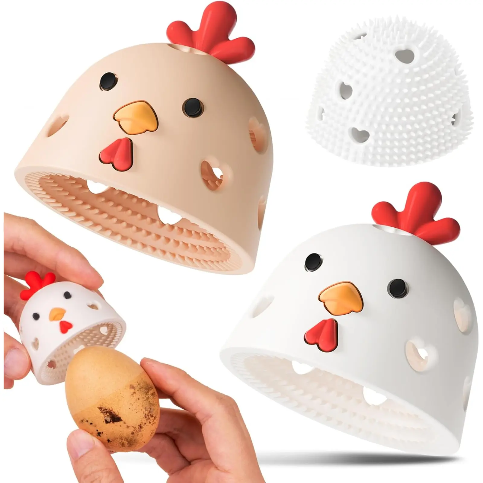 2PCS Silicone Egg Washer Scrubber & Fruit Scrubber Set - White & Light Brown Kitchen Utensil, Chicken Coop Accessory for Egg Cleaning, Heat Resistant, Easy to Use & Maintain