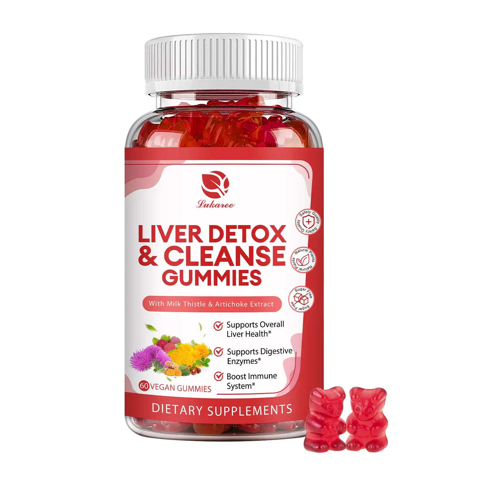 Liver Cleanse Detox & Repair Gummies - Milk Thistle, Dandelion, Artichoke Extract & Elderberry - No Sugar, Raspberry Flavor - 60 Count