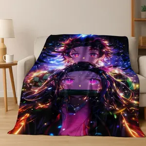 Cartoon Demon S-Slayer Kamado Nezuko Tanjirou Anime Flannel Blanket,Cozy Soft Throw Blanket for Home Bedroom Bed Sofa