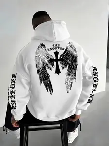 Men's Gothic Cross & Angel Wings Hoodie, Loose Streetwear Y2K Fashion, Comfortable Casual Outdoor Wear, Fall&winter Style, Long Sleeve