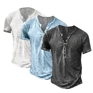 PASLTER Mens Distressed Henley Shirts Retro Short Sleeve Tee Shirts Casual Button Down Washed T-Shirts for Men Cotton Tops Menswear
