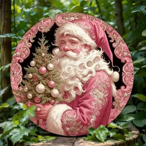1 piece of 2D flat pink Santa and Christmas tree aluminum wall art, 8x8 inch round hanging metal signage, suitable for holiday decorations in homes, bars, garages, clubs, restaurants, coffee shops
