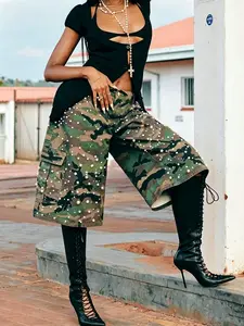 Women's Casual Camo Cargo Pants, Loose-Fitting Cropped Jeans with Multiple Pockets, Spring & Fall Fashion, Camouflage, Casual Comfy Stretch, S391539