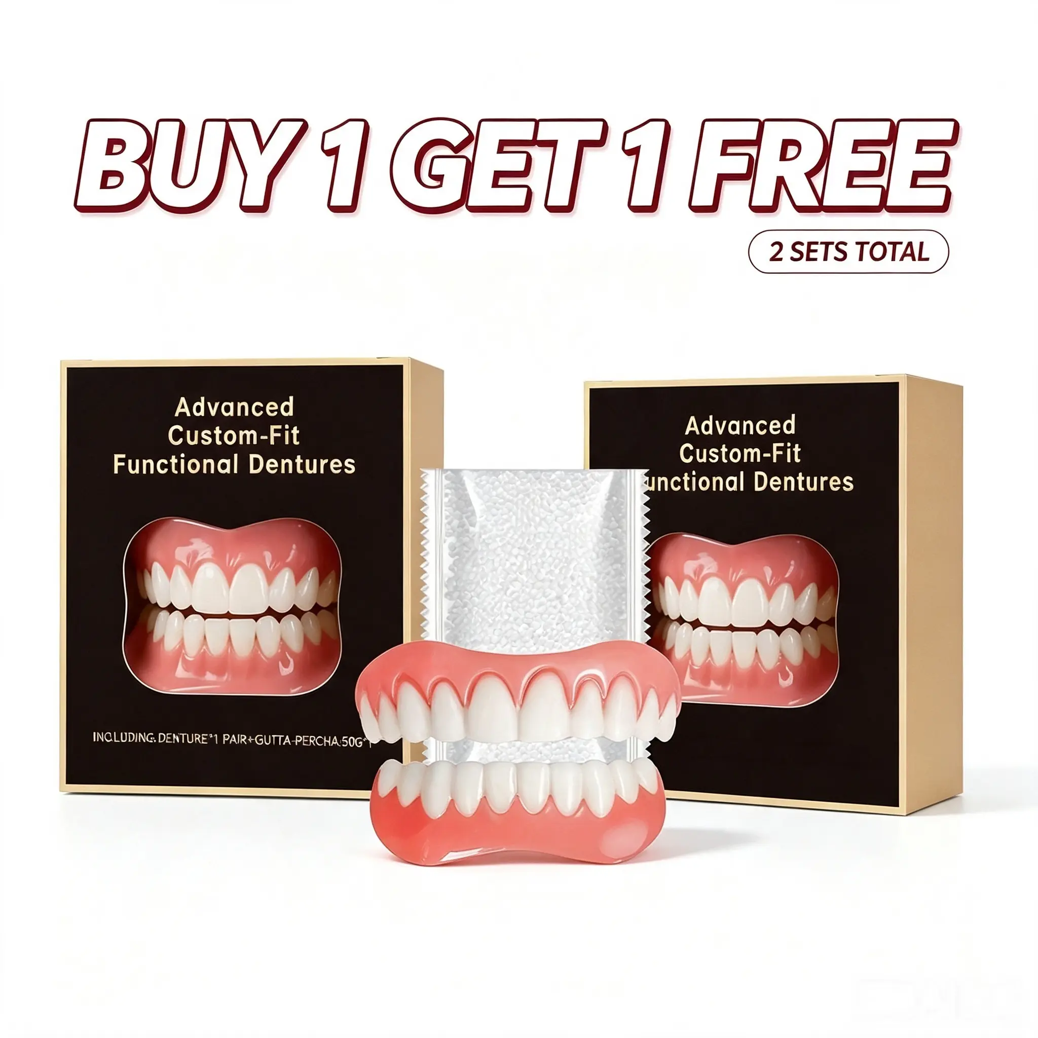 Oralhoe Cosmetic False Teeth Kit, an elegant smile enhancer. Flexible removable teeth covers shape a natural appealing smile. Special deal: Buy 1 Get 1 Free, 2 sets. This kit relines loose dentures and is not wearable as new dentures.