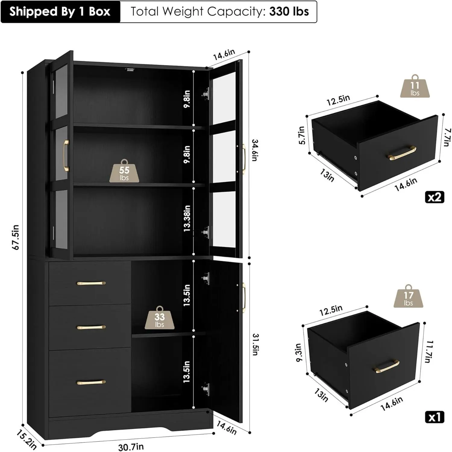 HIFIT Tall Display Storage Cabinet with HD Glass Doors & Shelves, 67" Tall Bookcase and Bookshelf with 3 Drawers, Modern Glass China Cabinet for Home Office, Study, Kitchen & Dining Living Room, Black