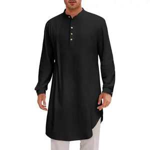 Mens Kaftan Thobe Cotton Linen Henley Shirt Long Sleeve Robe Casual Muslim Gown Kurta