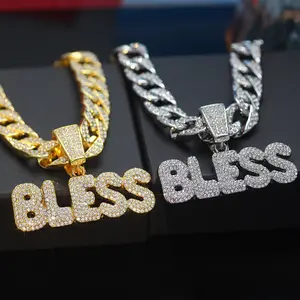 1 piece of shiny BLESS pendant with ice Cuban chain Miami necklace for men and women hip hop pendant choker necklace jewelry gift