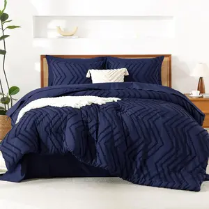 Super King Size Comforter with Navy Blue - 7 a Bag Oversized King Boho Tufted Complete Sets with Comforter,, Pillowcases  Shams