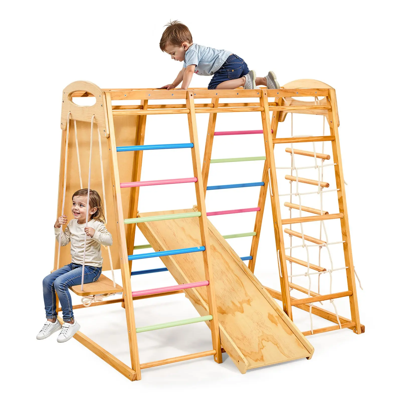 VEVOR Pine Wood Indoor Playground Jungle Gym, 7-in-1 Montessori Climbing Playset with Swinging, Balance, Anti-Rotation Round Bars, Swing, Monkey Bar, Slide, Ladder, Rope Ladder, Safety Net, Rock Climbing Wall (250 lbs Cap, 57.87x47.24x55.51 in, 66.14 lbs)