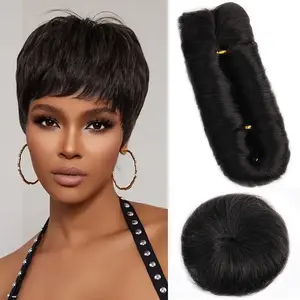 100% Human Hair Bundles With Circular Center Closure Short Straight Hair Weaving For Women Machine Made Closure 28pcs Human Hair Extensions One Pack For A Full Head 1B #99J #30 Color