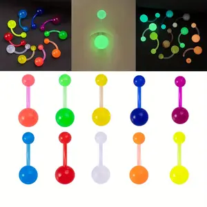 10PCS Acrylic Luminous Belly Button Ring Set Bohemian Body Piercing Jewelry Multi-Color Glow-in-the-Dark Round Beads Belly Button Ring Set Navel Pins Set