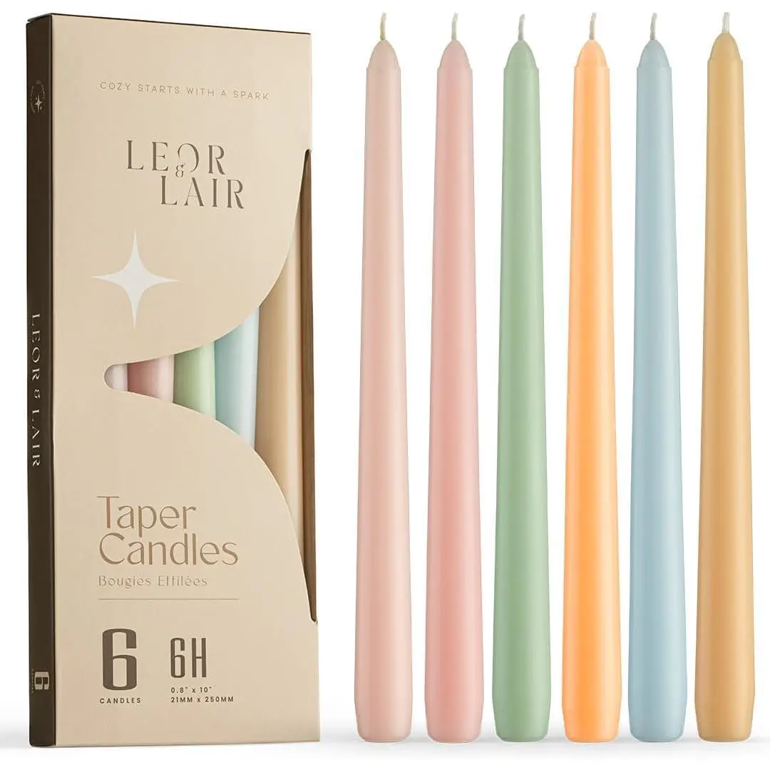 6-Pack 10" Tall Pastel Taper Candles - 6-Hour Burn Time Decorative Sticks for Easter Decorations, Wedding & Table Decor