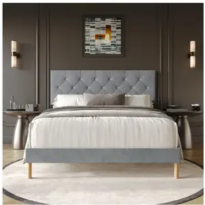 Modern Diamond Tufted Velvet Upholstered Queen Bed, Light Grey