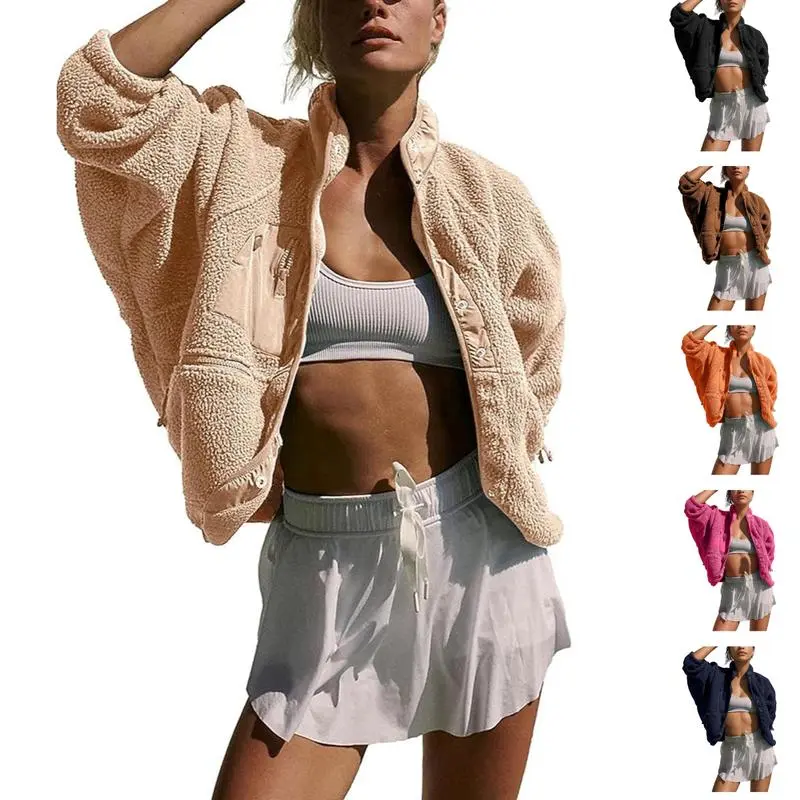 Naeduo Women's Jacket - Chic Cropped Athletic Fuzzy Sherpa Fleece Winter Coats with Long Sleeves and Zipper Front, Basic, Button Front, Cute, Retro