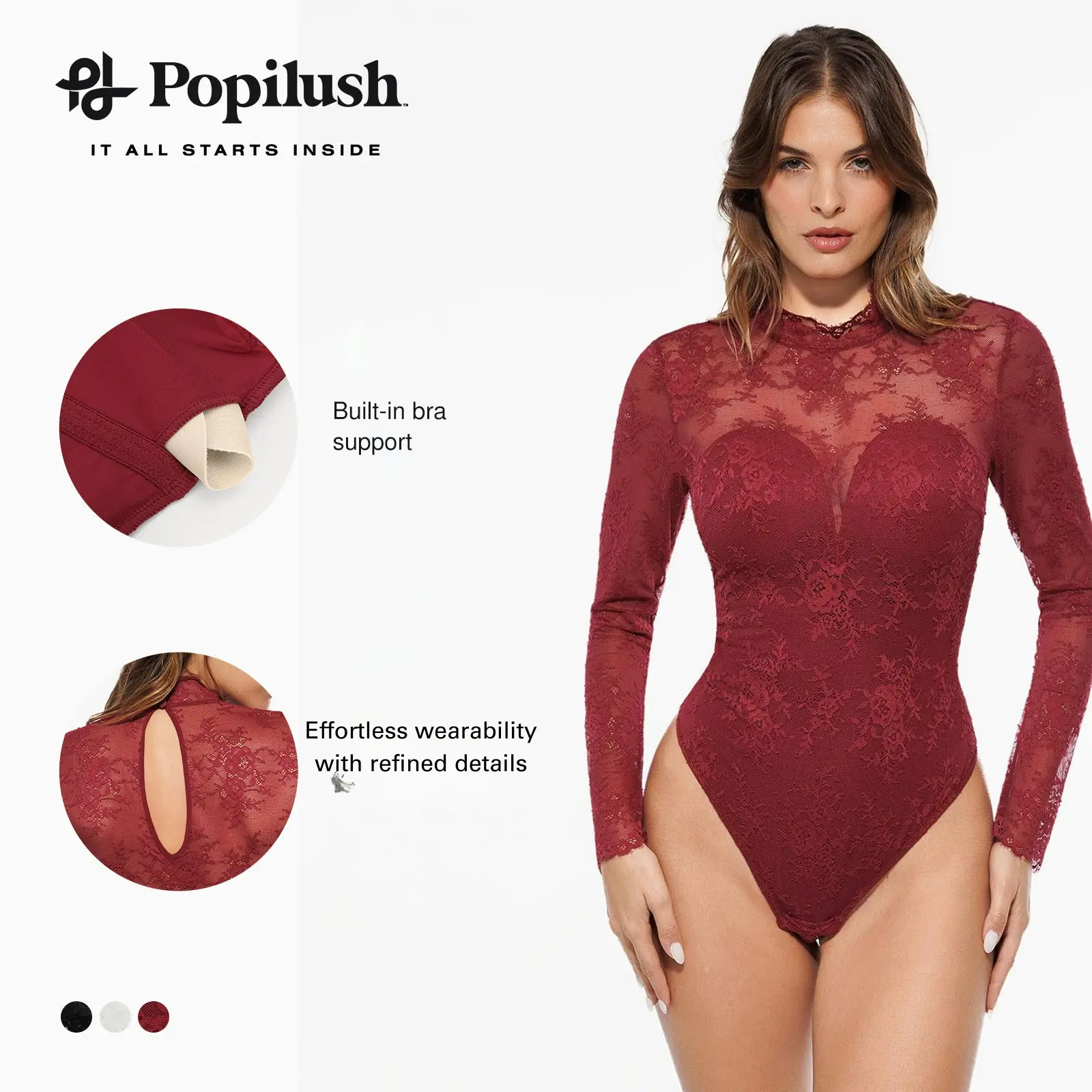 ​​Popilush Deep V-Neck Long Sleeve Bodysuit - Sheer Lace Turtleneck with Built-in Bra & Tummy Control​ Casual Womenswear Essential Breathable