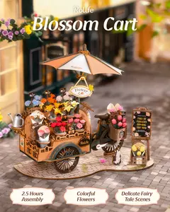 Rolife Flower Cart Miniature 3D Wooden Puzzle for Adults, Model Building Kit, Collectible Handcraft Desk Decor, for Family