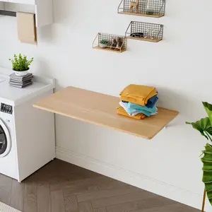 Wall Mounted Folding Drop-Leaf Wooden Table - 14-Gauge Cold Rolled Steel Bracket, 100LBS Capacity, Formaldehyde-Free, Rounded Corners, Compact Adjustable Flexible Modern Sturdy Desks, Minimalist Space-Saving Workstation, Kitchen Decor Fit, Easy Assembly,