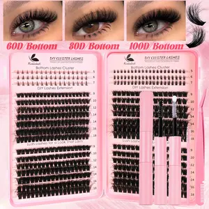 598 PCS 5D  DIY Lash Extension Kit with 9mm-18mm Mixed D Curl Lashes and 5mm-7mm Bottom Lashes, Natural Wispy Lightweight False Eyelashes, Includes Lash Glue, Tweezers, Brush, Storage Book for Daily, Party, Cosplay Cosmetic