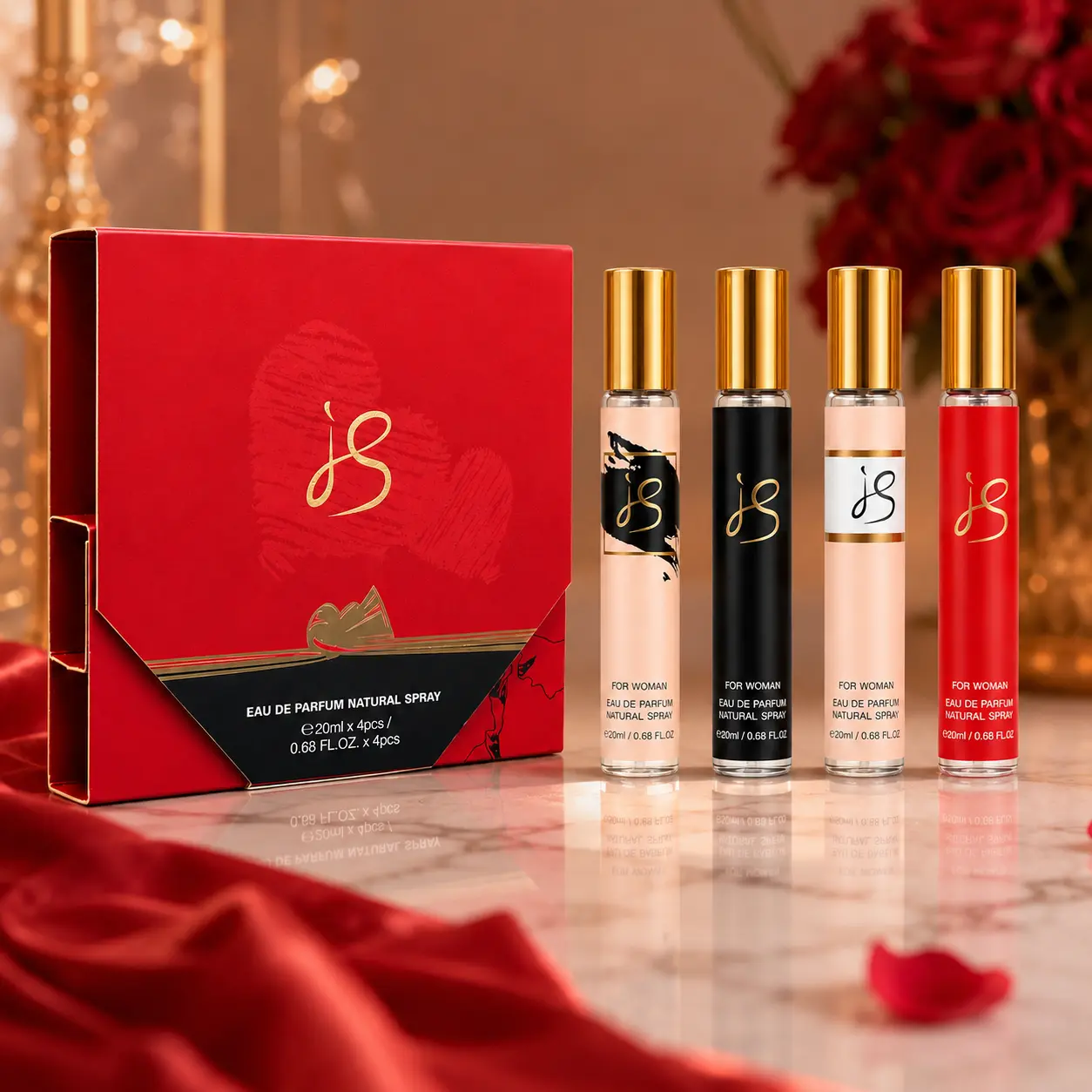 Women's Mystical 4-Piece Perfume Gift Set, 4x20ml (0.68 Fl Oz) Long-Lasting Eau De Parfum, Romantic Red Travel Size Purse Sprays, Fruity Ginger Scent, Ideal for Romantic Nights, Spray Anywhere Bottle Set for Travel Size Stuff