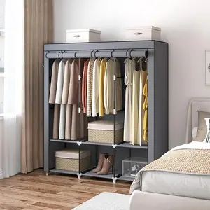 51 Inch Portable Closet Wardrobe for Hanging Clothes, Wardrobe Closet with Cover, 3 Hanging Rods, 4 Side Pockets, 6 Storage Shelves, Large Clothes Organizer for Bedroom, Living Room, Grey