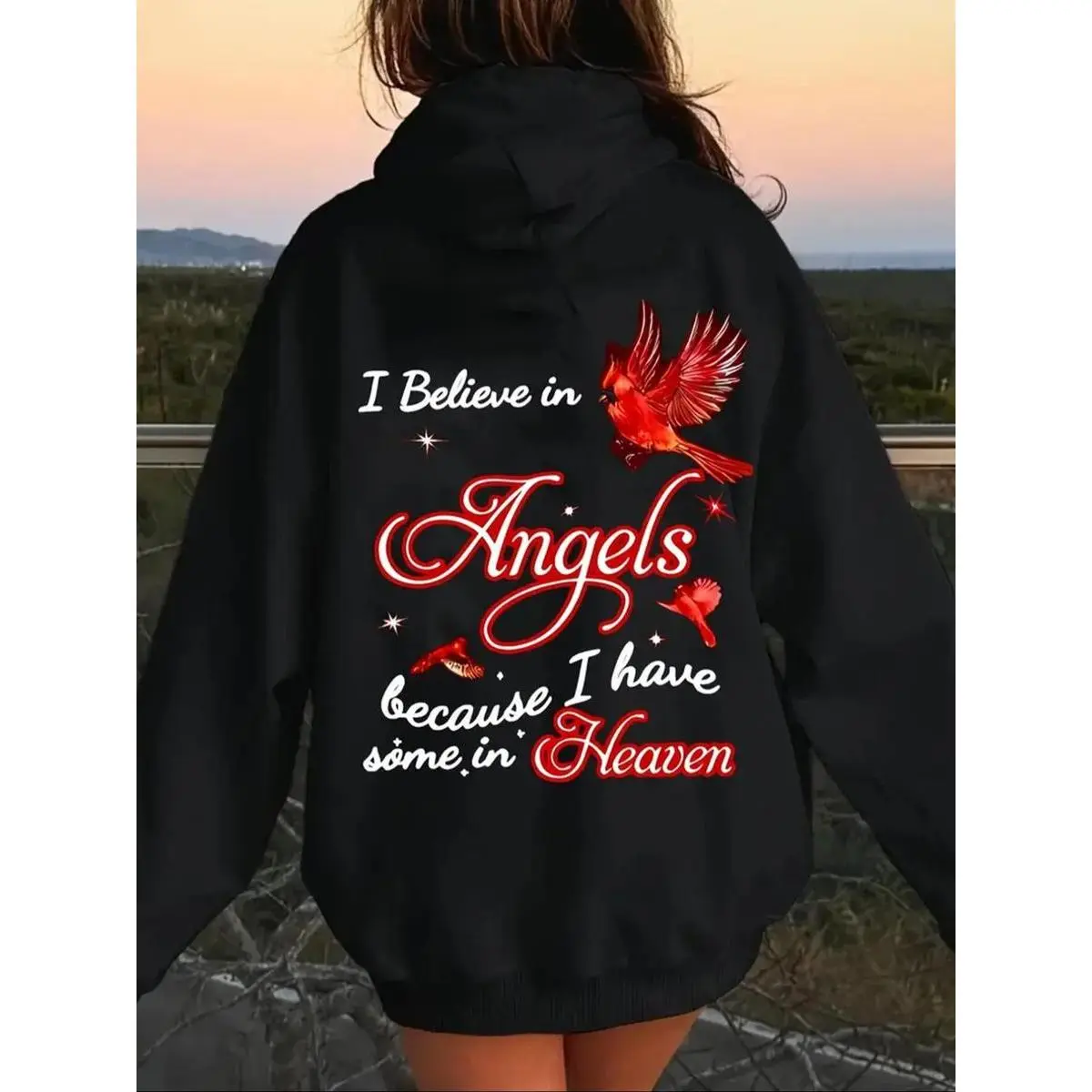 Oversized Hoodie for Women, Bird & Letter Print Casual Long Sleeve Poly/Cotton Sweatshirt Top with Drawstring Pocket, Tops, Baggy, Unique Print Flair
