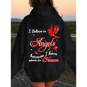 Bird & Letter Print Drop Shoulder Hoodie, Fashion Casual Drawstring Pocket Hooded Sweatshirt for Daily Holiday Outdoor Wear, Women Clothing for Fall & Winter