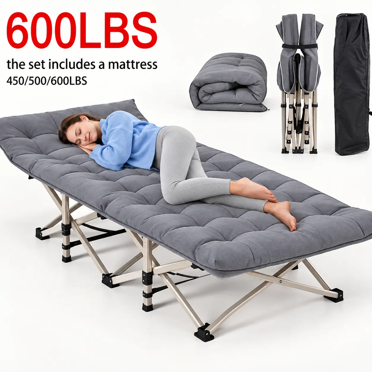 Gladinest 75-Inch Outdoor Folding Bed, Extra-Large And Thickened Camping Bed with Or Without Flip Mattress, Portable Foldable Guest Bed, 450/500/600 Pound Load-Bearing Capacity