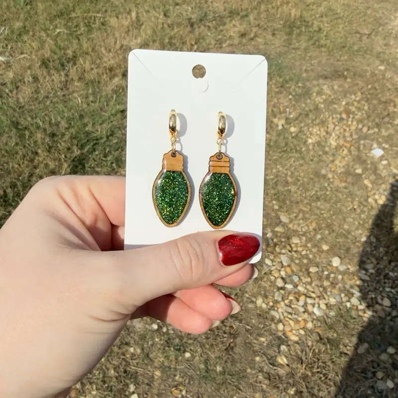 Christmas Light Bulb Earring - Green Glitter Design with Gold Accents for Festive Season