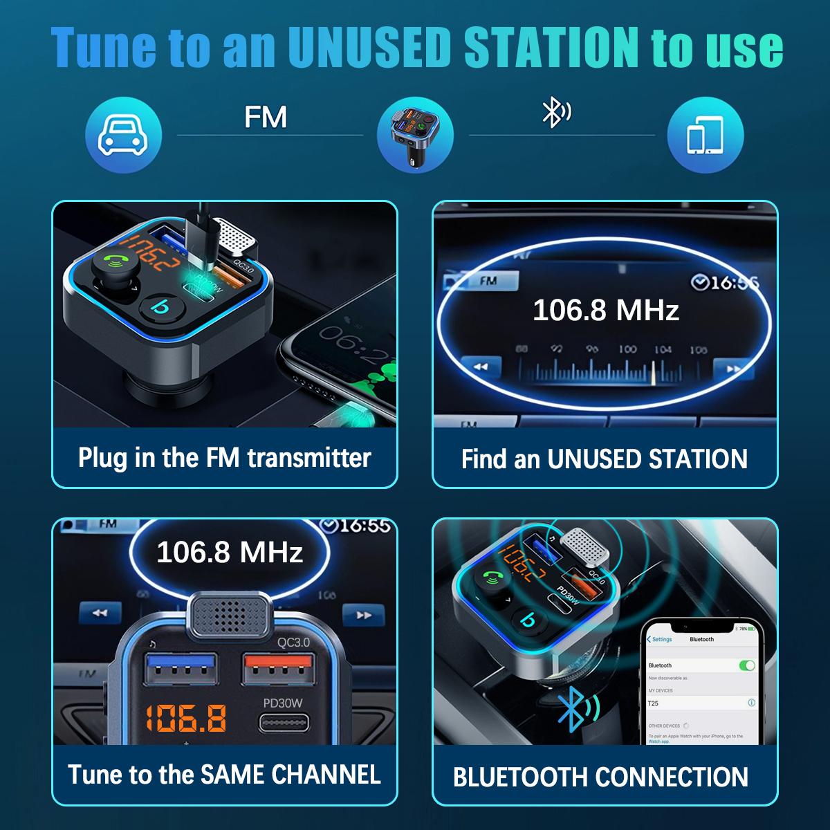 Bluetooth 5.3 FM Transmitter Adapter - 12V Cigarette Lighter PD 20W+QC 3.0 Dual USB Type C PD Car Charger, Strong Microphone, HiFi Bass Punch, Hands-Free Siri/Google Assistant Support, Phone Charging Accessories for Driving & FM Audio Play