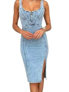 utcoco Denim Dress for Women Sleeveless Side Slit Bodycon Midi Jean Dresses for Women 2026