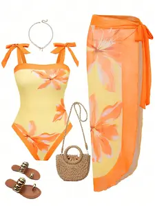 Yellow & Orange Floral Print Tie Strap One-Piece Swimsuit & Sarong Set