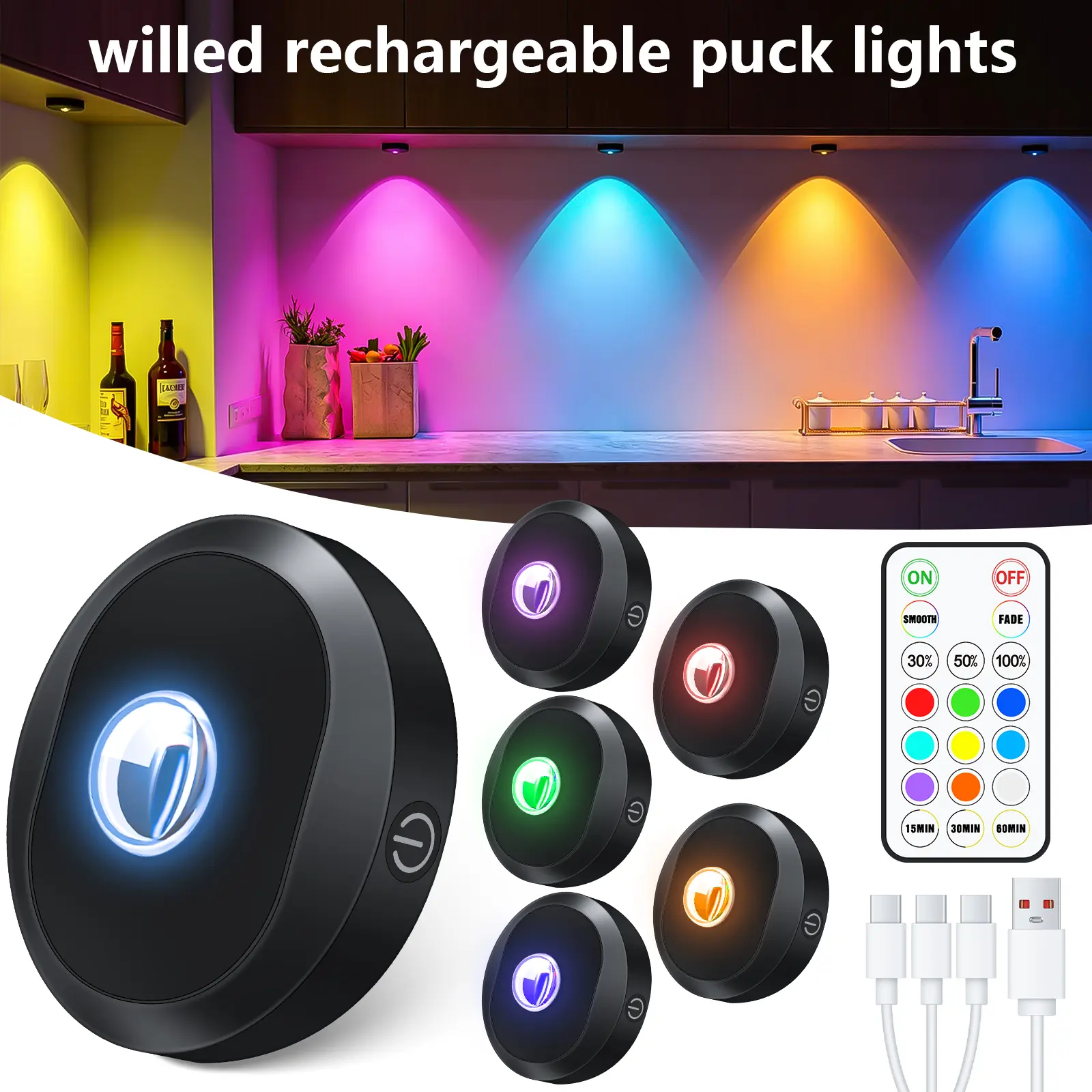 WILLED Cabinet Lights, Rechargeable Wireless Magnetic RGB LED Puck Lights with Remote Control, Dimmable Under Cabinet Lighting for Kitchen, Closet, Bedroom, Shelf & Home Decor