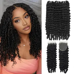 Burmese Curly Bundles With 4x4 Lace Closure Human Hair Unprocessed Burmese Raw Hair Extension Real Human Hair Natural Color Spiral Curly Hair Weft Extensions