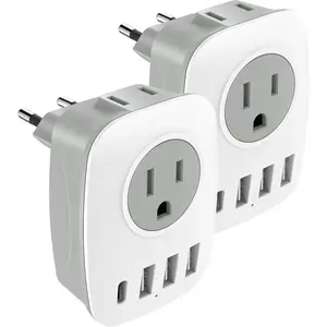 2 Pack European Travel Plug Adapter,  International Power Plug Adapter with 1 USB C, 2  Outlets and 3 USB Ports, 6 in 1 Travel Essentials to  of  Greece, (Type C)