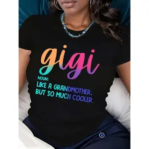 Casual Crew Neck T-Shirt with Gigi Alphabet Print, All Season Comfort Fit, Knit Fabric Tee