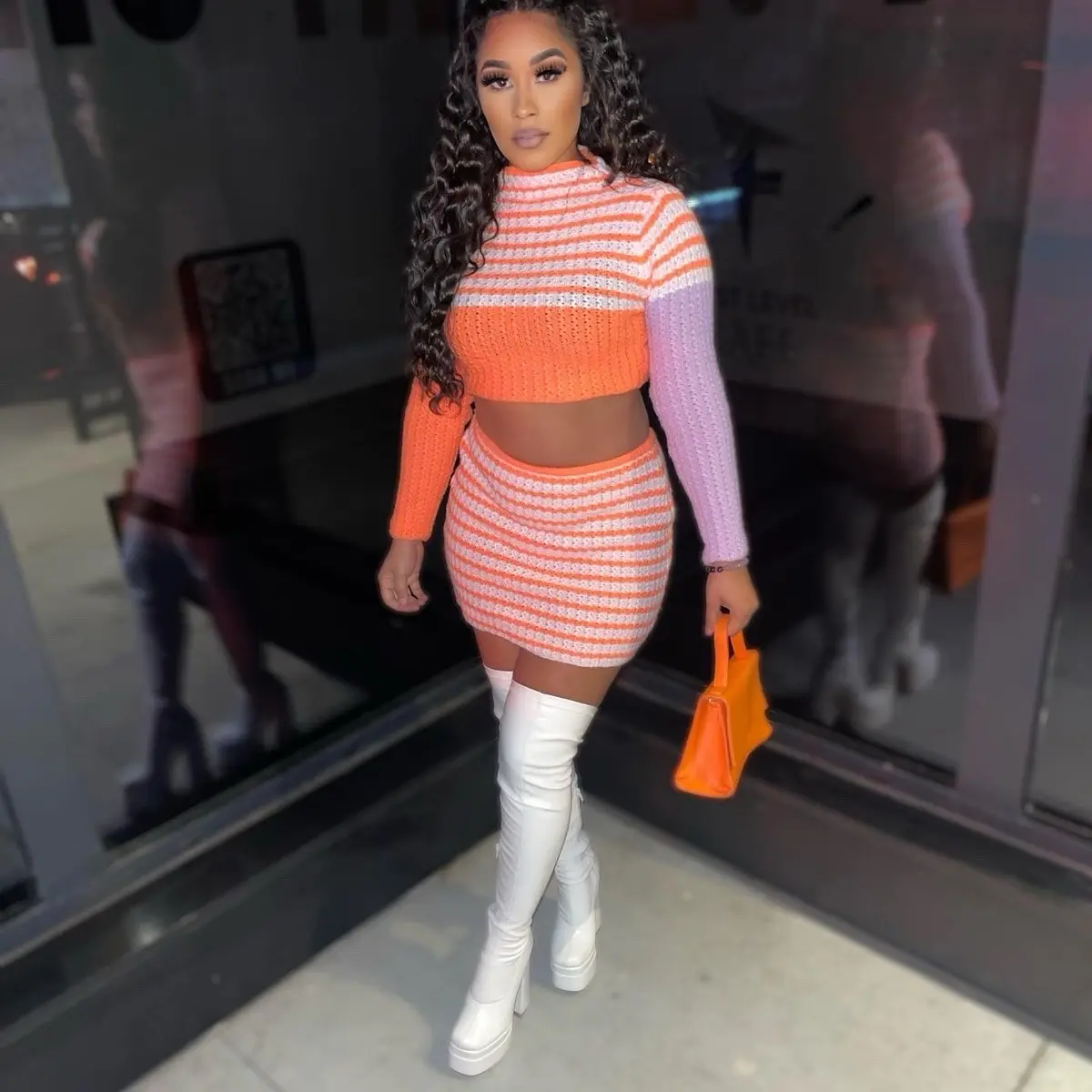 Baddie Fashion 2-Piece Skirt Set Orange Striped for Women - Soft Knitted Fabric, Comfortable Fit, True to Size, Womenswear - Clothing, Suits, Top