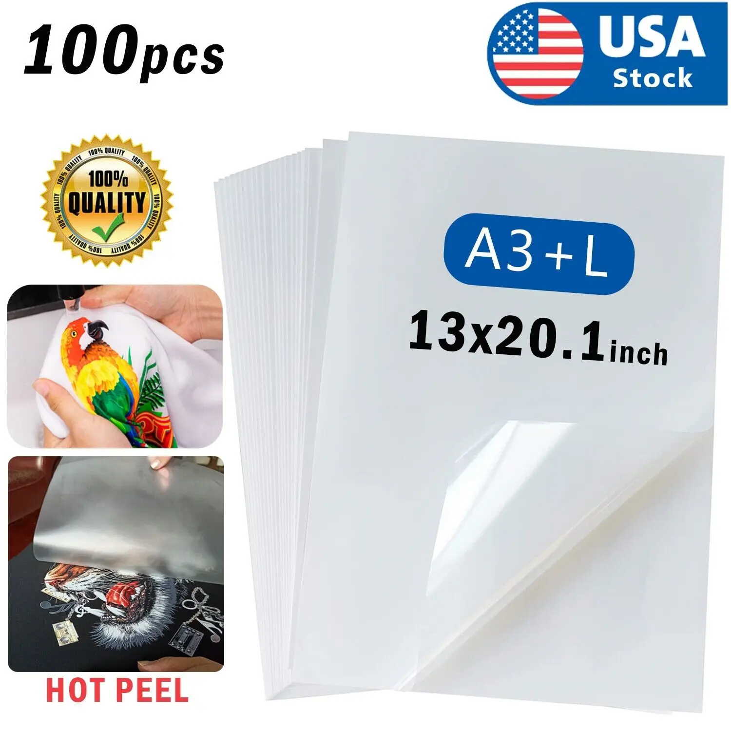 A3+L 100 Sheets 13" x 20.1" DTF Transfer Film Matte with Rough Back HOT Peel