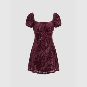 Cider [size 0-26] Velvet Square Neck Floral Bowknot Mini Dress