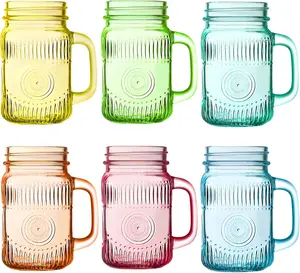 Amzcku Vintage Colored Drinking Glass Mason Jar 16 OZ with Comfortable Handle for Party Beverages 6 pcs