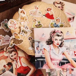 Vintage 1950s Girl Pattern Decorative Paper, 52pcs/set DIY Decorative Paper & 40pcs Sticker, Scrapbooking Supplies, DIY Crafts, Background Pad, Junk Journals, Crafting Kit
