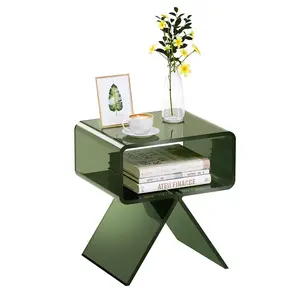 【DealsForYouDays】VEVOR Acrylic Nightstand Side Table, Modern Clear Bedside Table with Storage Shelf, Transparent Small End Desk for Living Room, Bedroom, Home Decor, No Assembly Needed, 11.8 x 15.4 x 17 in (Green)
