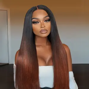 【New In】UNice EasiContour V Part Black to Reddish Brown Ombre Yaki Straight Wig with Upgrade Drawstring Glueless Human Hair Wigs Beginners Friendly Easy Intall