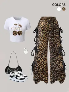 TikTok hot-selling 2-piece leopard cherry Graphic set Y2K style short top with bow wide-leg pants | Women's trendy streetwear | 2026 fashion set | Suitable for casual and party | Multiple colors available tiktokshopholidayhau
