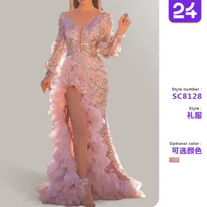 2025 autumn new European and American cross-border women's clothing sexy mesh trailing sequins slit pink evening dress