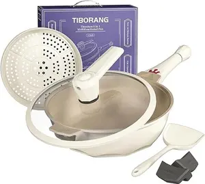 Tiborang 8 in 1 Frying Pans Nonstick,11" Frying Pan Skillet with Lid,Steamer for Cooking,All in One Pan Cookware for All Stoves,Woks & Stir-Fry Pans Nonstick,Saute Pan PFAS-Free/PFOA Free(White)