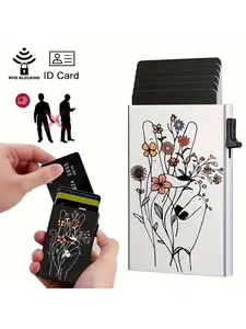 Women's RFID Blocking Credit Card Holder, Floral Pattern, Slim Fashion Design, Automatic Pop-Up, Ideal for Shopping and Travel